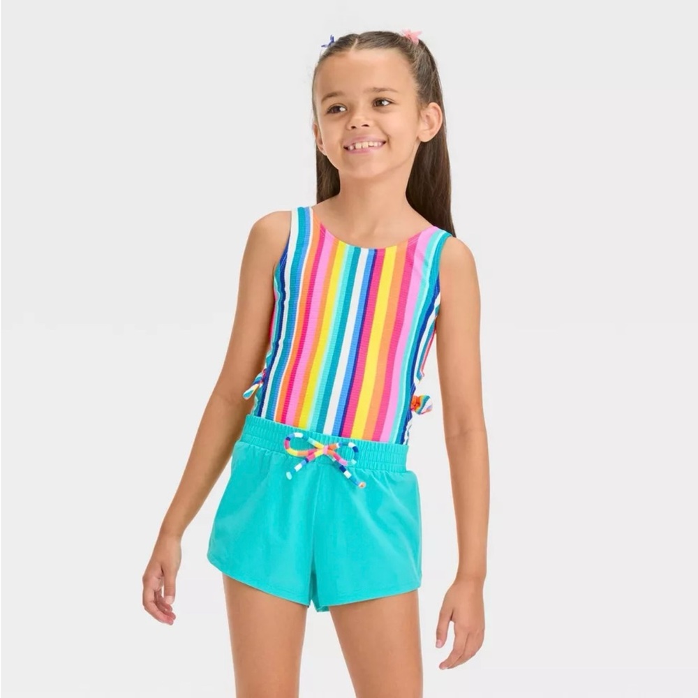 CAT & JACK Girls’ Playa Striped One Piece Swimsuit Set - Knot Detail